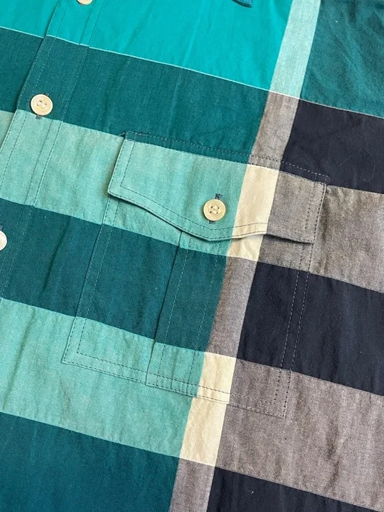 🍀Burberry Brit XL Nova Check Teal & Blue Plaid Short-Sleeve Button-Up Shirt - Picture 3 of 6